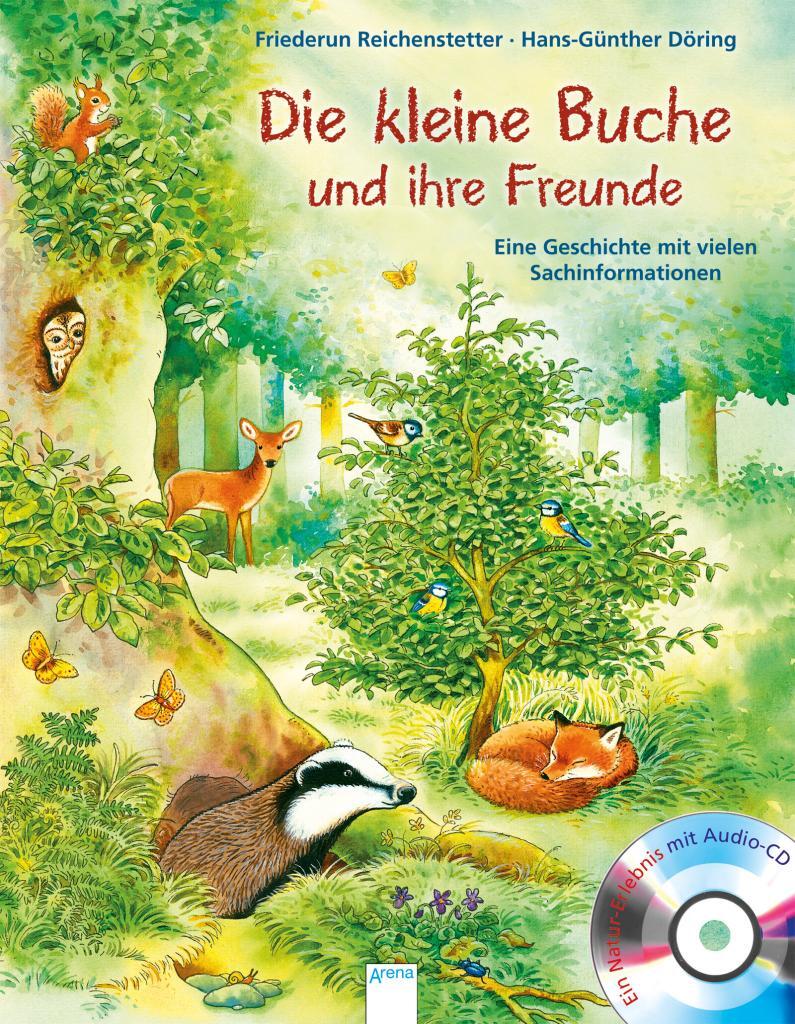 Buchcover "Die kleine Buche und ihre Freunde" Gezeichnete Illustration mit kleiner Buche, Dachs, Fuchs, Reh, Eichhörnchen, Blaumeisen und weiteren Bäumen